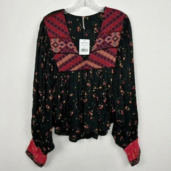NWT Free People Large Dolman Sleeve Lady Love Printed Embroidered Blouse - Picture 3 of 10